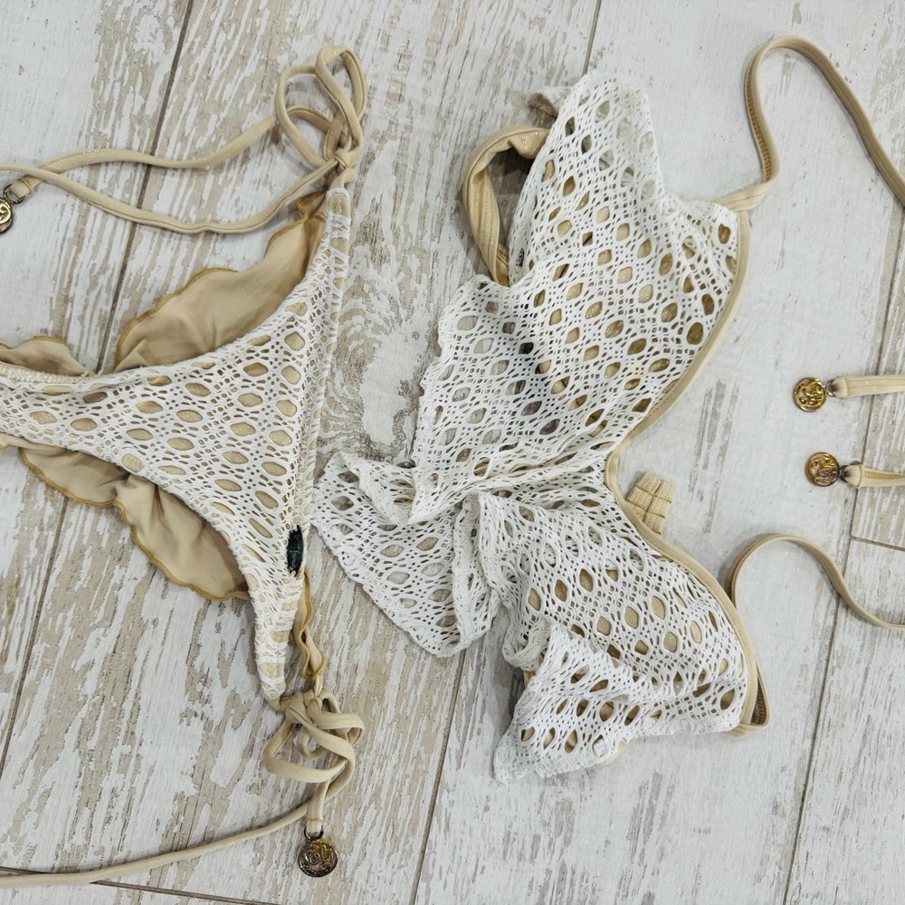 Luli fama Crochet Bikini Set in Cream gold